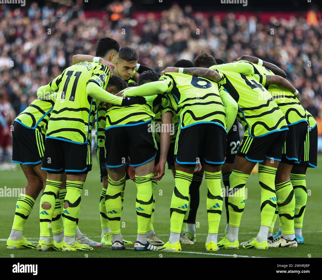 Arsenal team huddle before the game during the Premier League match 