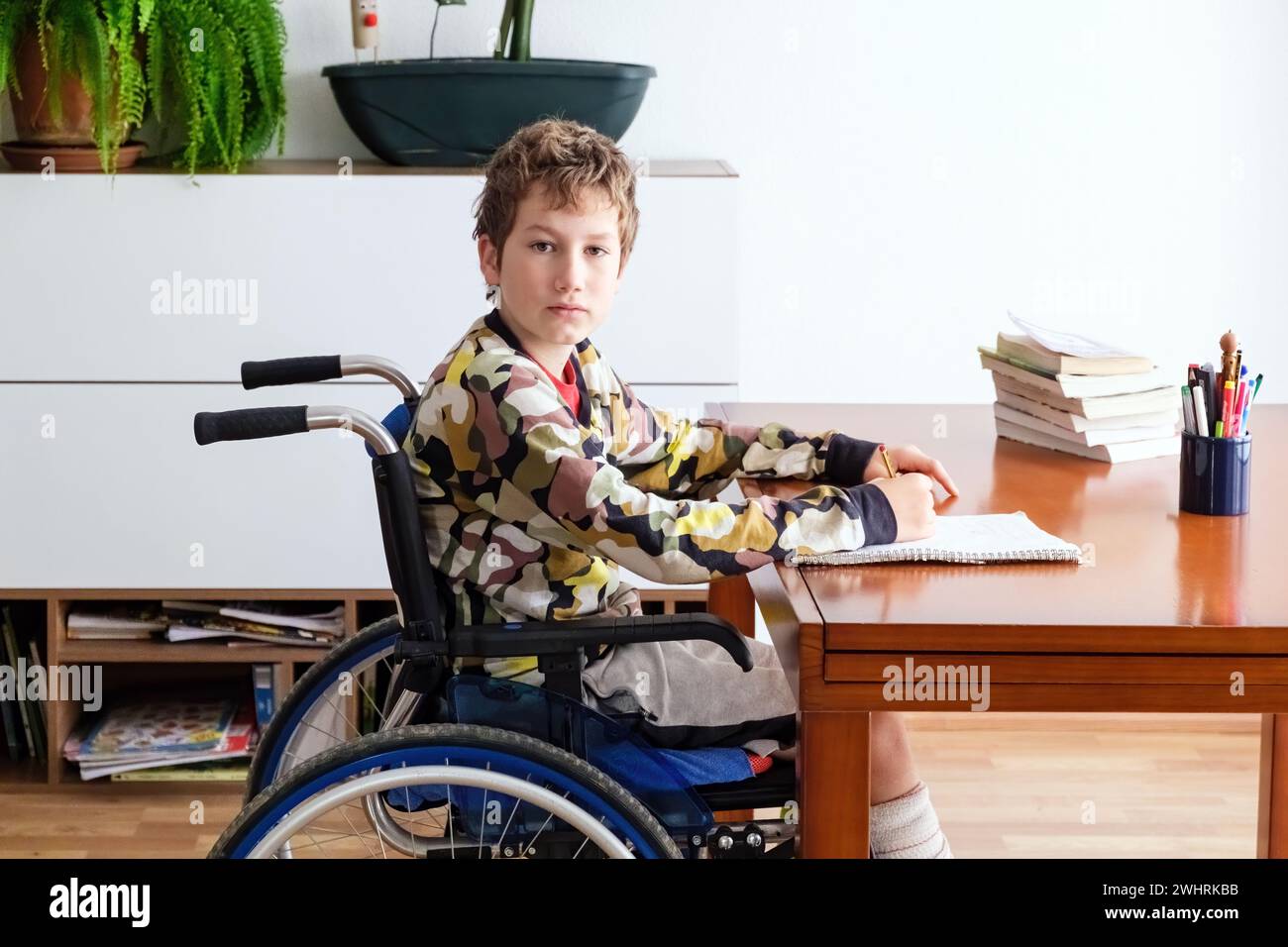 A young boy in a wheelchair concentratedly sits at a desk, engaged in doing his homework. Stock Photo