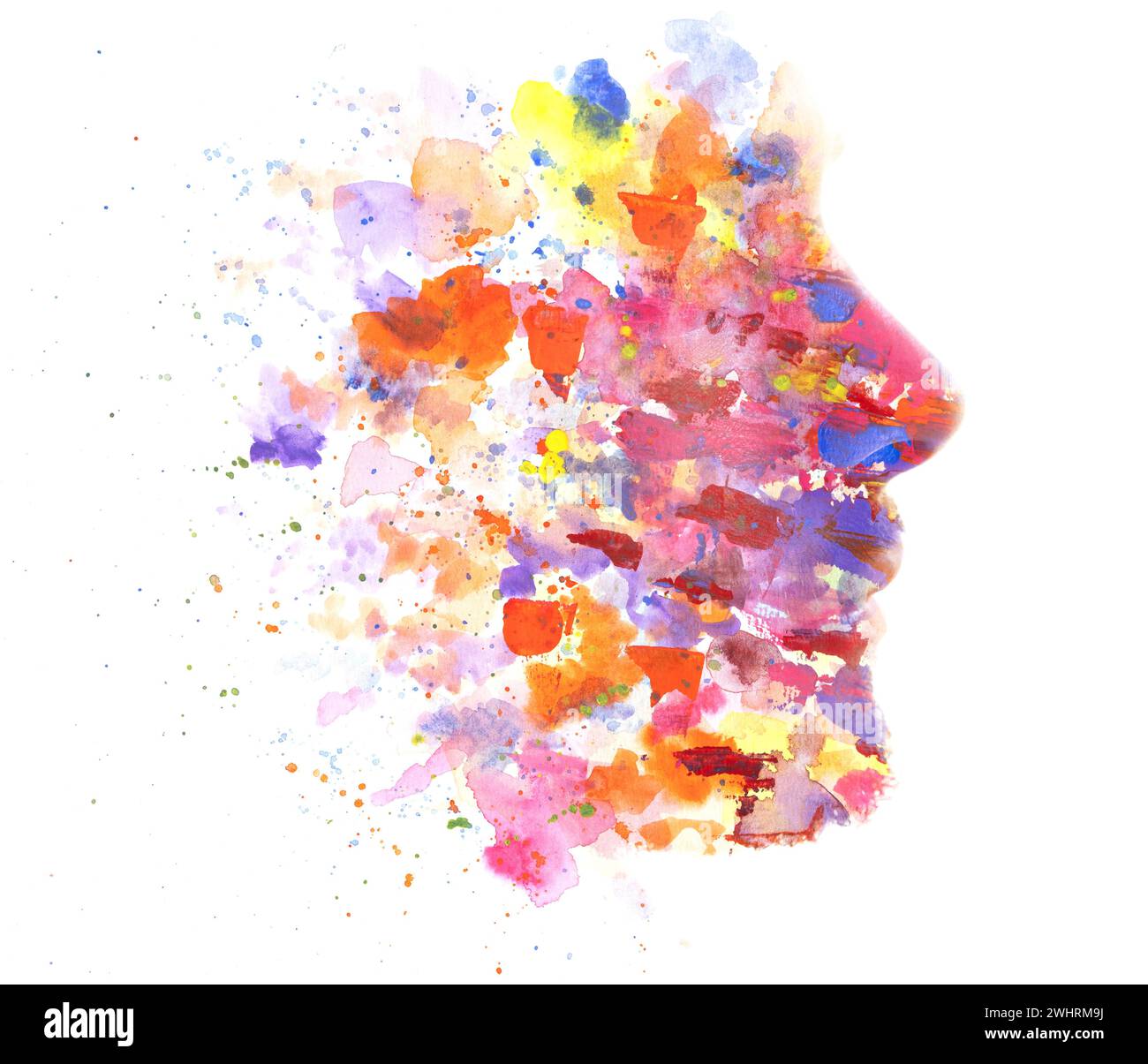 A colorful double exposure paintography half-silhouette profile of a ...