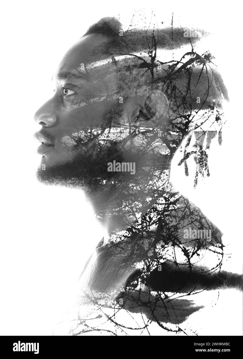 A black and white abstract paintography profile double exposure