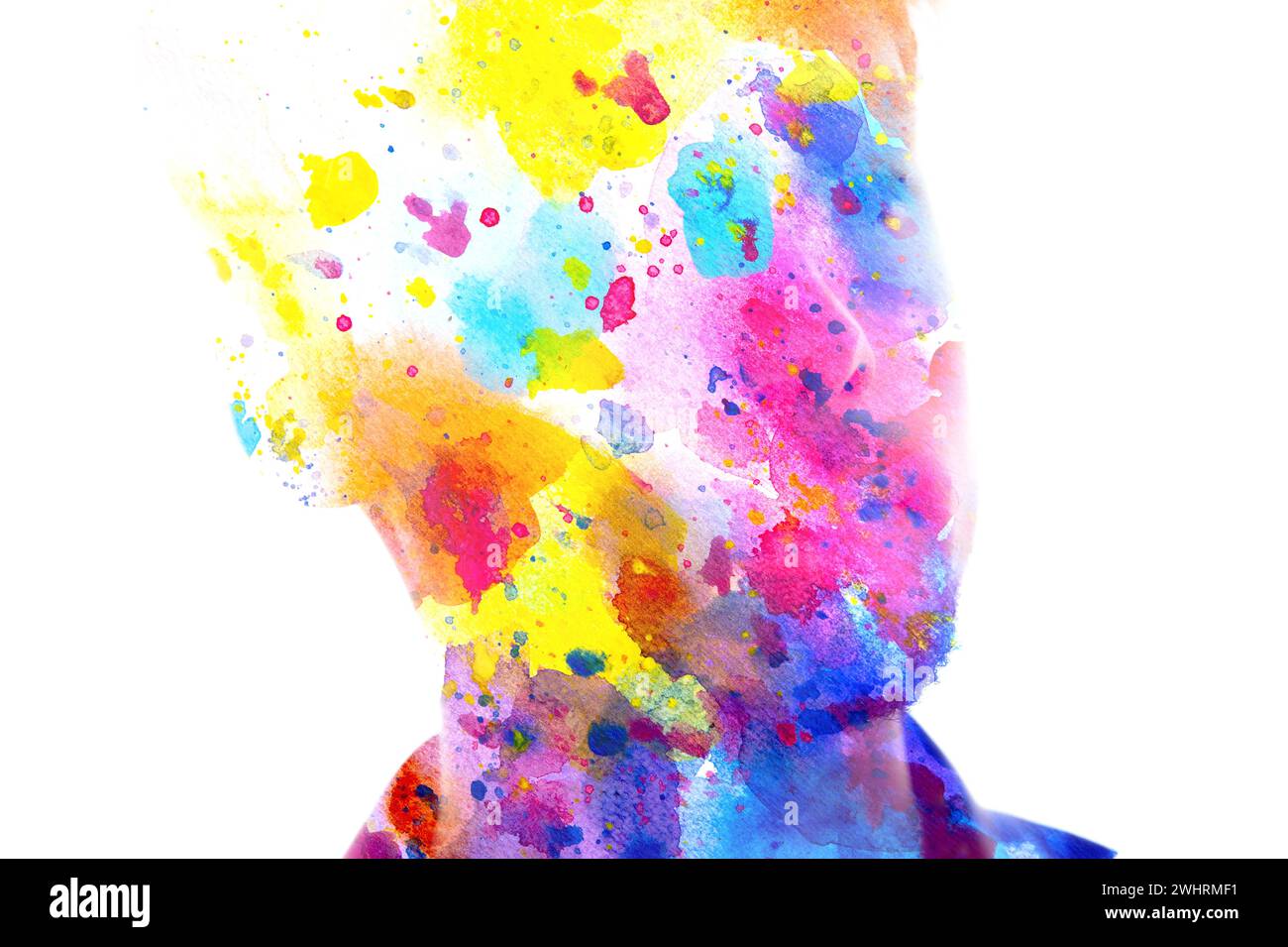 A colorful paintography male portrait silhouette in double exposure ...
