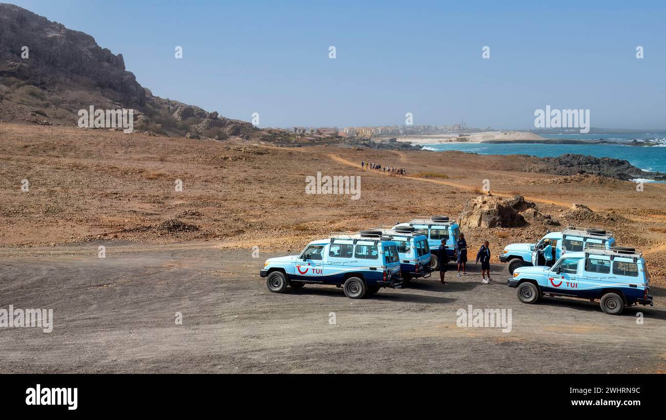 Boa Vista, Cape Verde- March 23, 2018: Tourists explore island rugged terrain with TUI's reliable 4x4 Land Cruisers.  Stock Photo