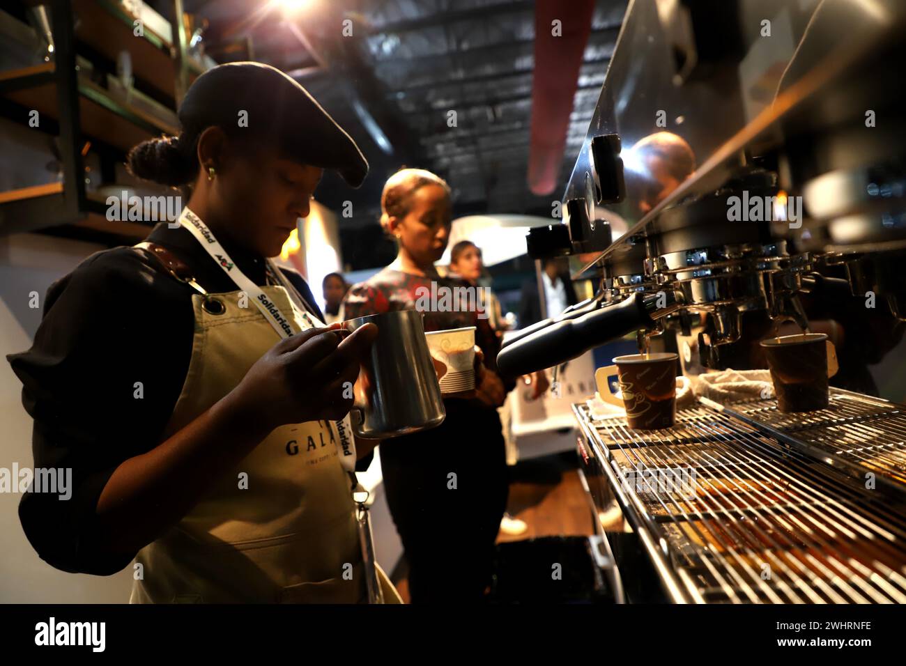 Addis Ababa, Ethiopia. 8th Feb, 2024. People make coffee during the