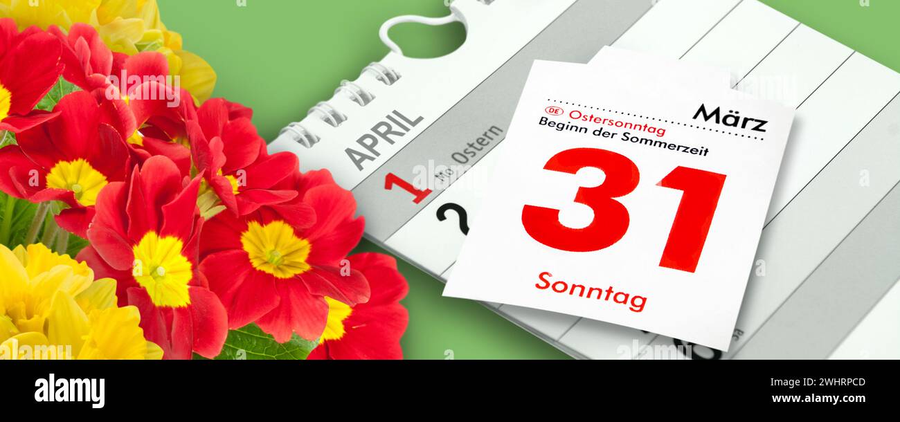 Deutscher Kalender 2024  Ostern 31. März und 1. April  Feiertage Ostersonntag und Ostermontag mit Blumen Stock Photo