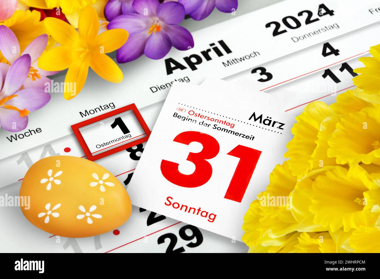 Deutscher Kalender 2024  Ostern 31. März und 1. April  Feiertage Ostersonntag und Ostermontag Stock Photo
