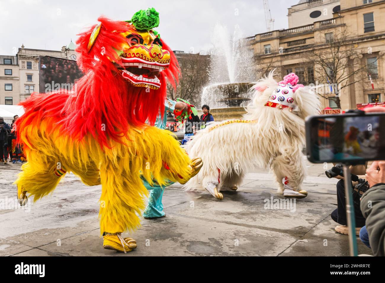 London, UK. 11th Feb, 2024. Festivities for the Chinese New Year on Trafalgar Square. The programme includes lion dance performances (pictured) as well as stalls and activities on the square. 2024 is the Year of the Dragon in the Chinese calendar. The London festivities are amongst the largest Lunar New Year celebrations outside China. Credit: Imageplotter/Alamy Live News Stock Photo