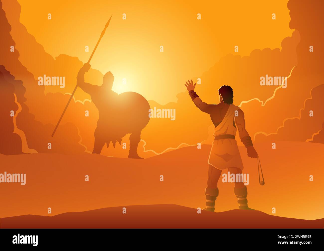 Biblical vector illustration of David and Goliath ready for a duel in dramatic scene Stock Vector