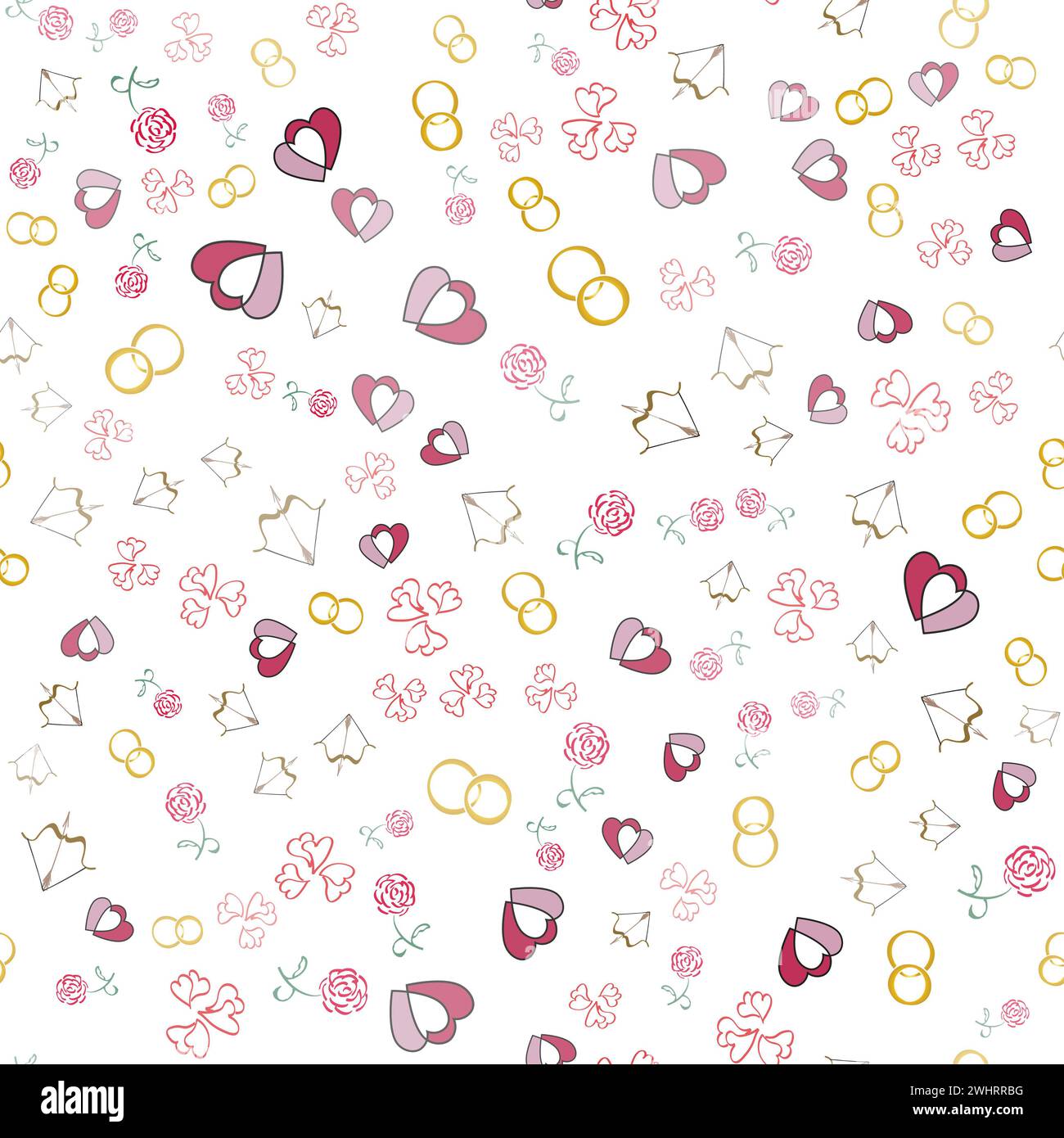 Valentines day background with hearts, wedding rings, roses, seamless ...