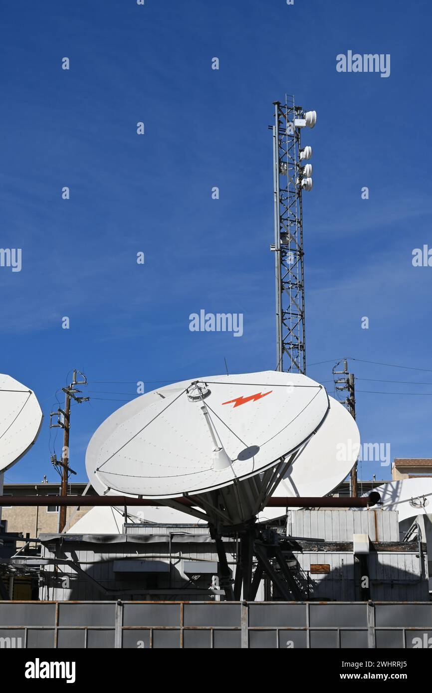 CULVER CITY, CALIFORNIA - 28 JAN 2024: Antenna Array at the Los Angels headquarters of Globecast, an international Satellite communication service. Stock Photo