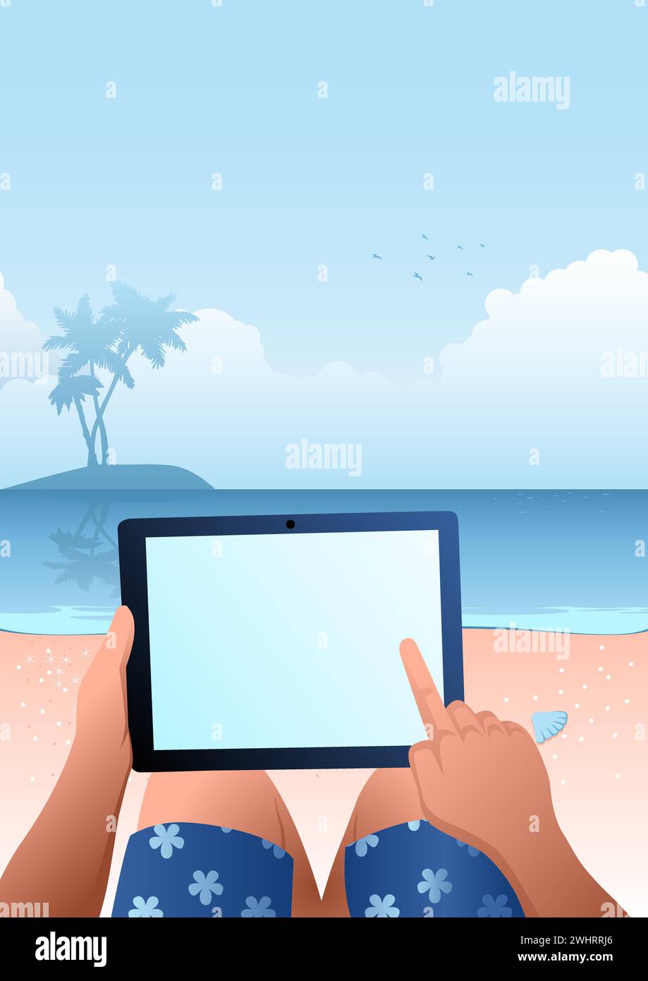 Business concept vector illustration of a man using tablet computer on tropical beach Stock Vector