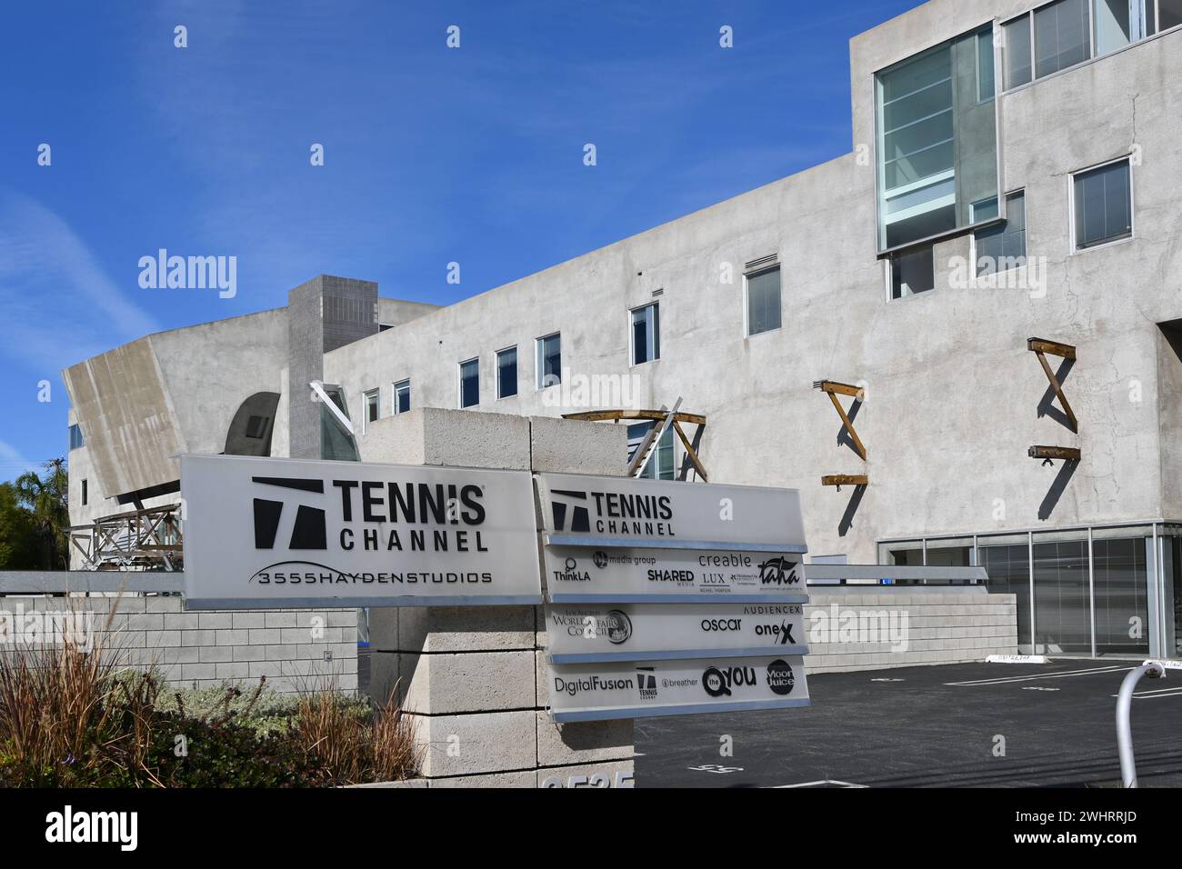 CULVER CITY, CALIFORNIA - 28 JAN 2024: Hayden Studios sign, a fully-integrated HD facility equipped for live production and network origination. Stock Photo
