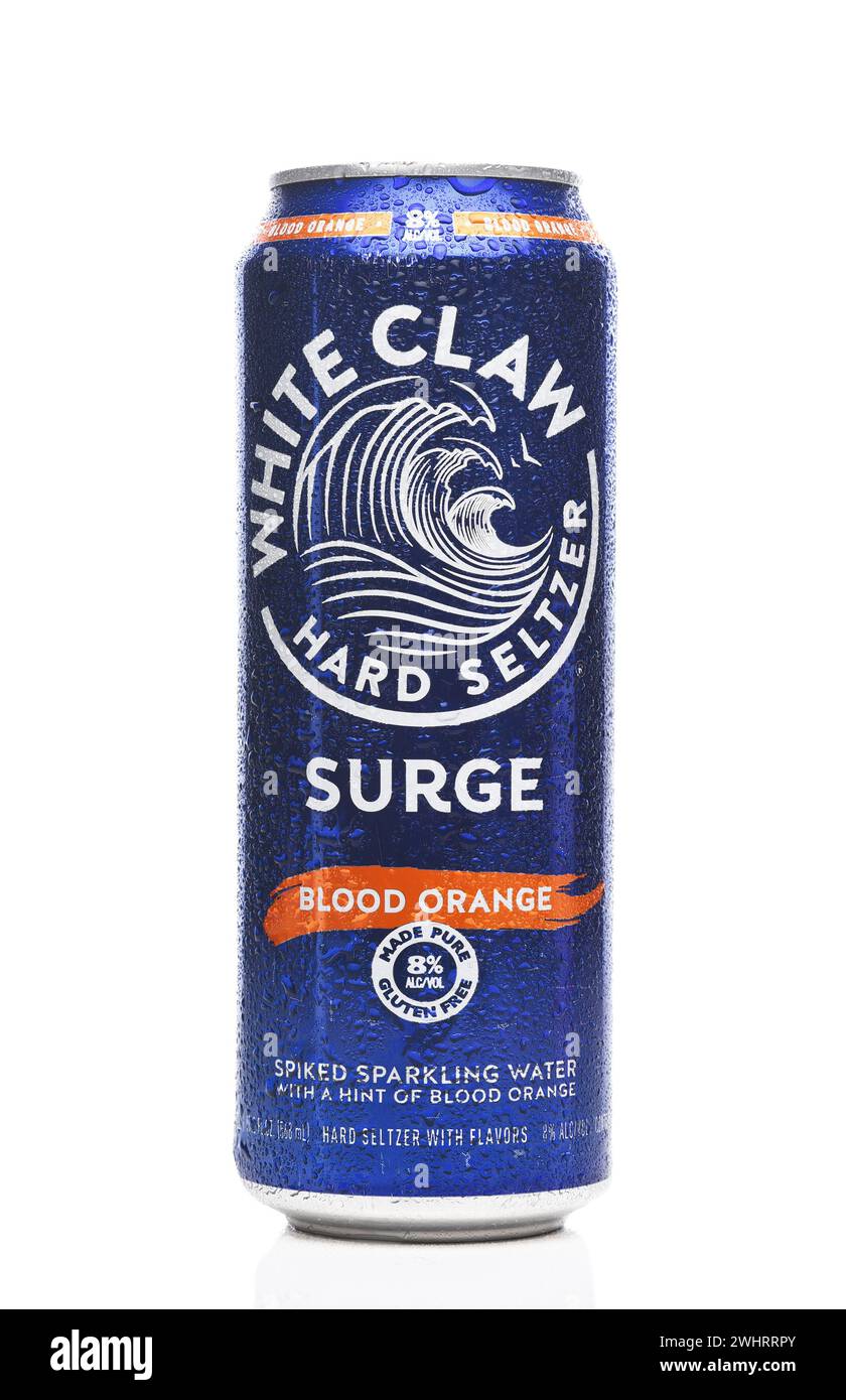 IRVINE, CALIFORNIA - 10 FEB 2024: A can of White Claw Surge Hard Seltzer Blood Orange Flavor. Stock Photo