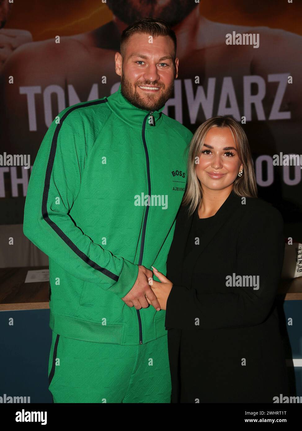Boxer Tom Schwarz from the Magdeburg boxing stable Fides Sports with his wife Frederike at the press conference for THE SHOW MUS Stock Photo