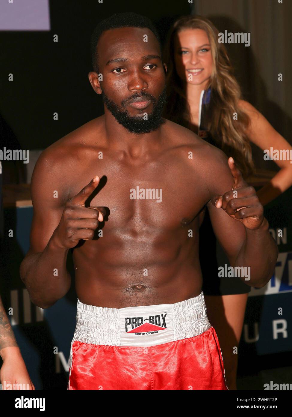 Boxer Nasser Bukenya (Netherlands) at the official weigh-in for THE SHOW MUST GO ON III on 22.09.2023 in Magdeburg Stock Photo