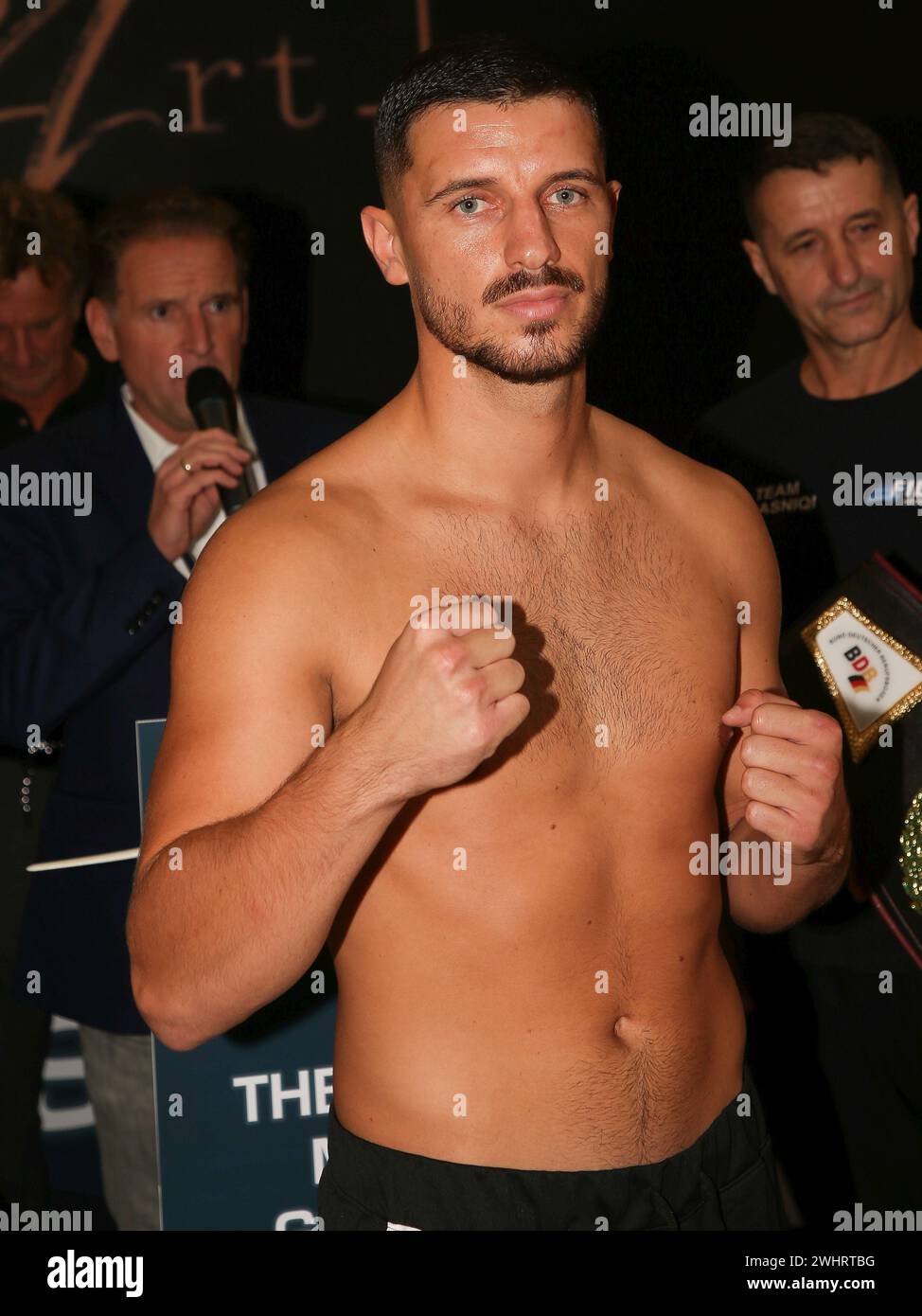 Boxer Ardian Krasniqi (Rottweil, Germany) from the Magdeburg boxing stable Fides Sports at the official weigh-in for THE SHOW MU Stock Photo