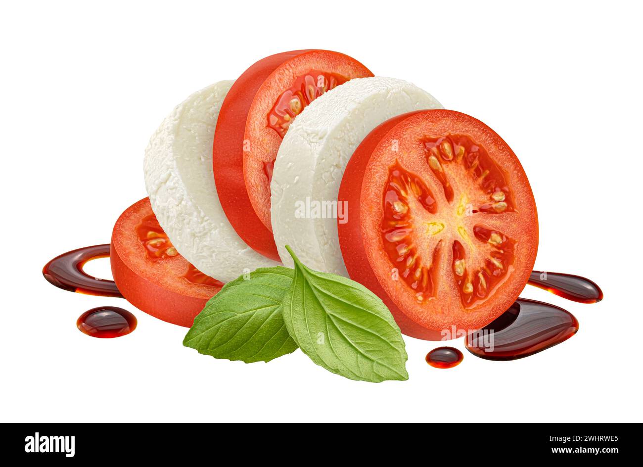 Mozzarella and tomato slices with basil and balsamic dressing isolated