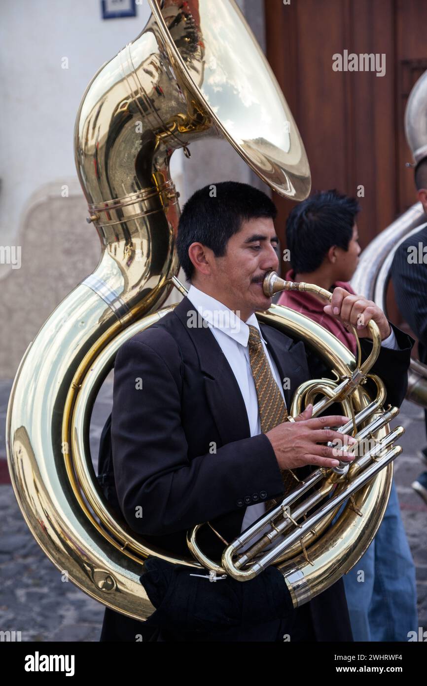 Antigua, Guatemala.  Sousaphone Player in a marching band, Semana Santa. Stock Photo