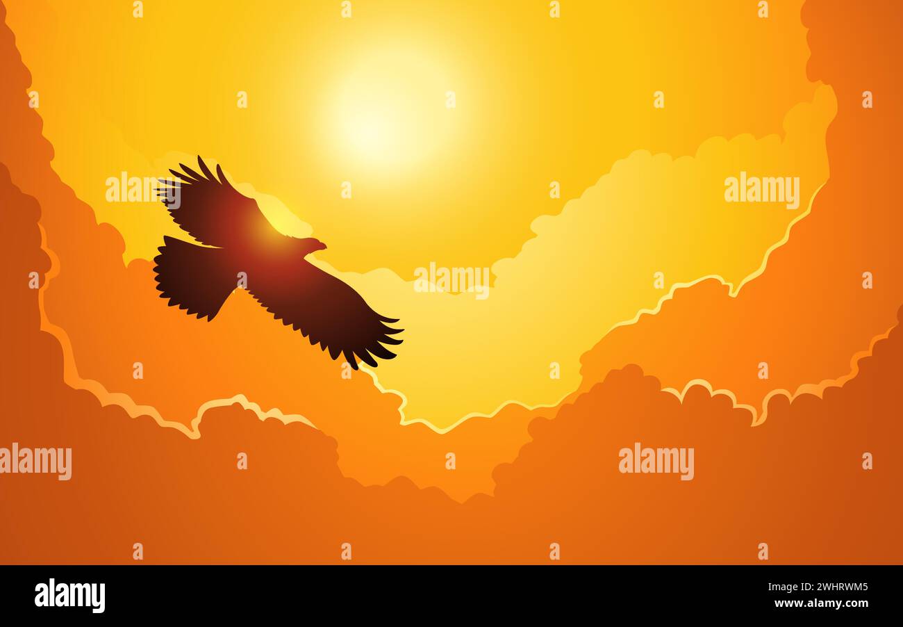 The silhouette of an eagle flying above the clouds, vector illustration