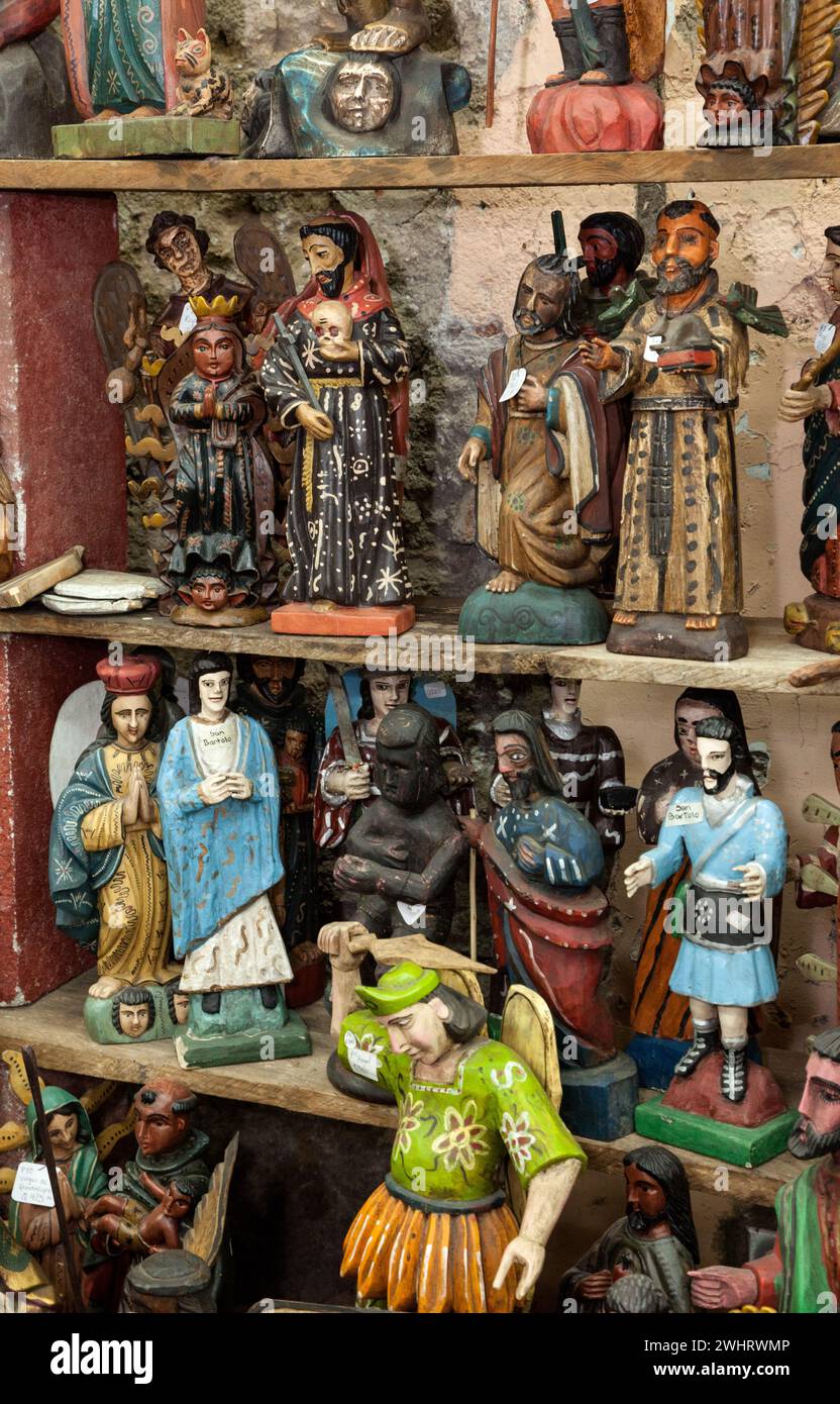 Antigua, Guatemala.  Figurines of Religious and Historical Figures.  Nim Po'T Handicrafts Outlet. Stock Photo