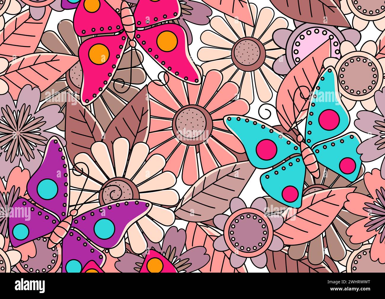 Mural doodle art of butterflies and flowers, vector illustration seamless pattern Stock Vector