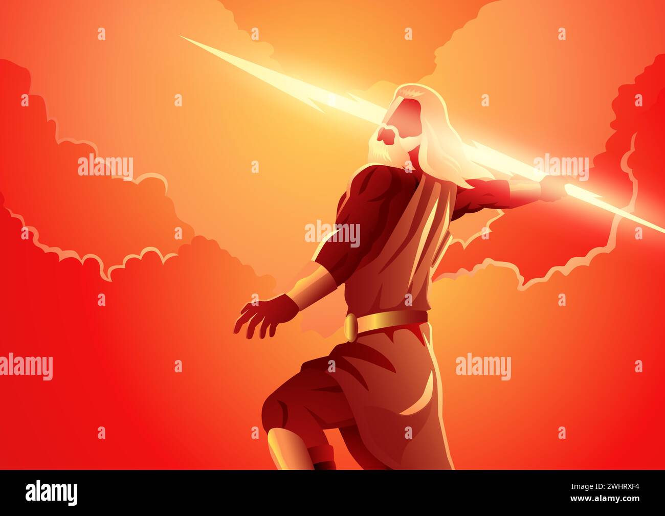 Greek god and goddess vector illustration series, Zeus, the Father of Gods and men standing on mountain Olympus throwing his lighting bolt Stock Vector