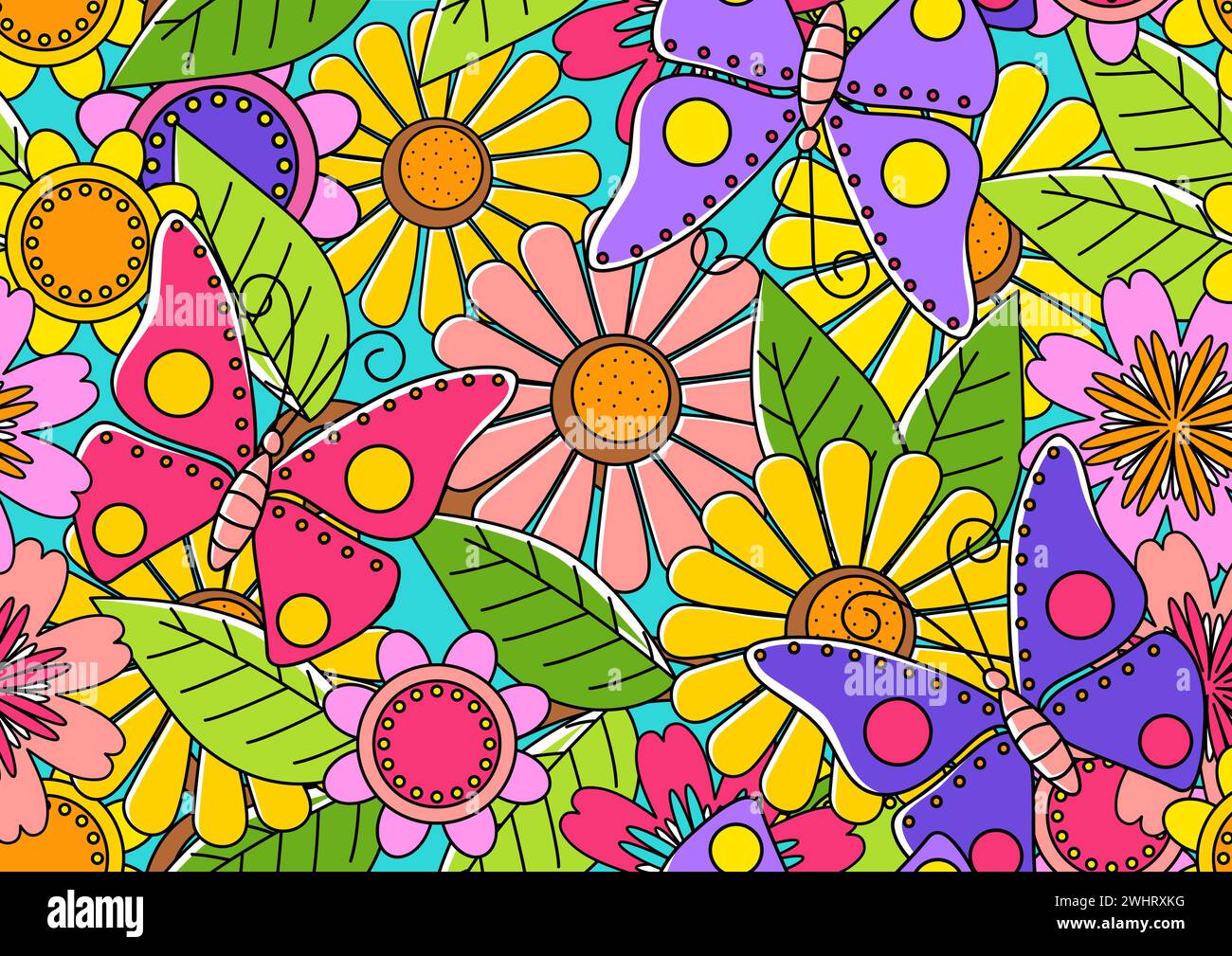 Mural doodle art of butterflies and flowers, vector illustration seamless pattern Stock Vector
