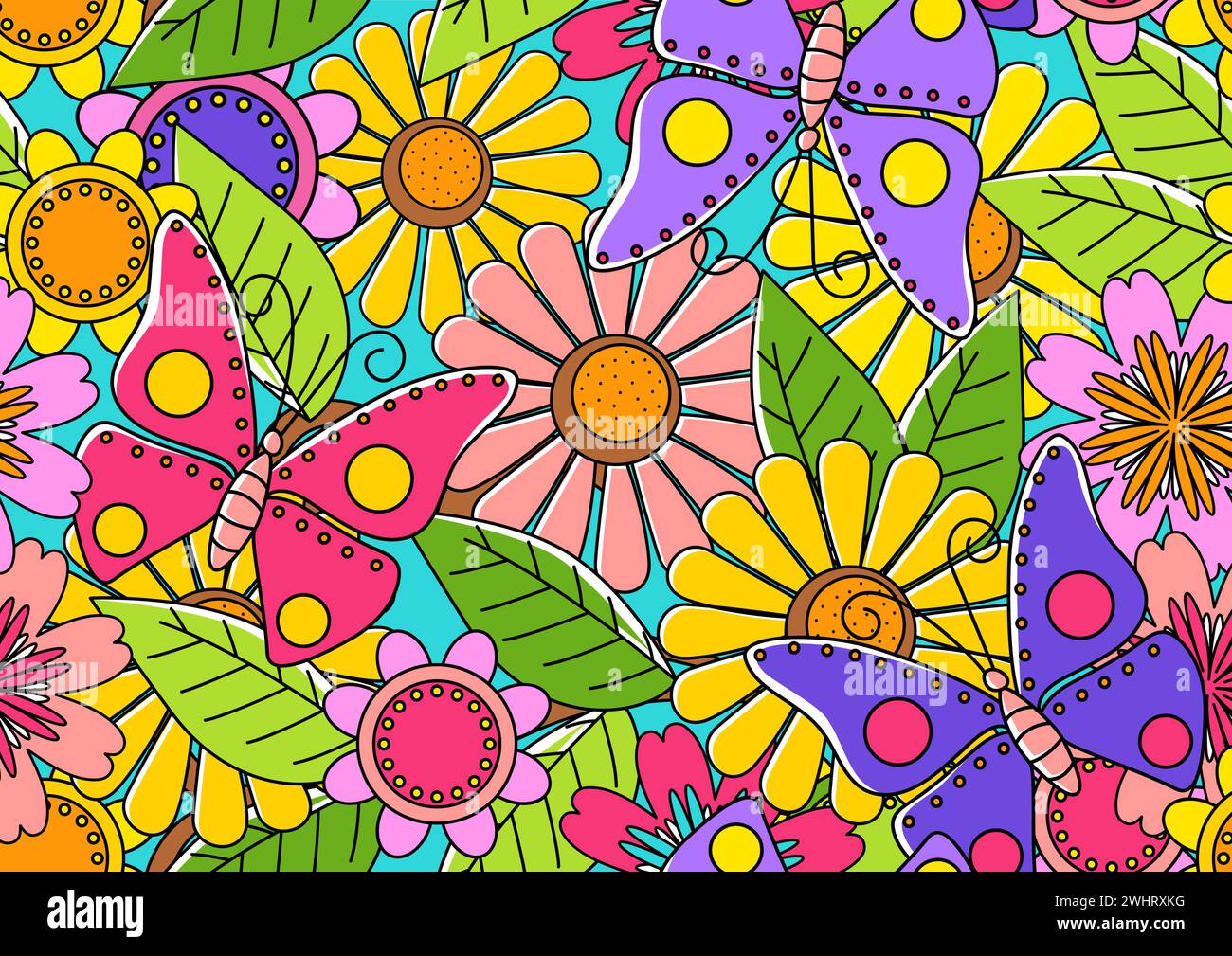 Mural doodle art of butterflies and flowers, vector illustration ...