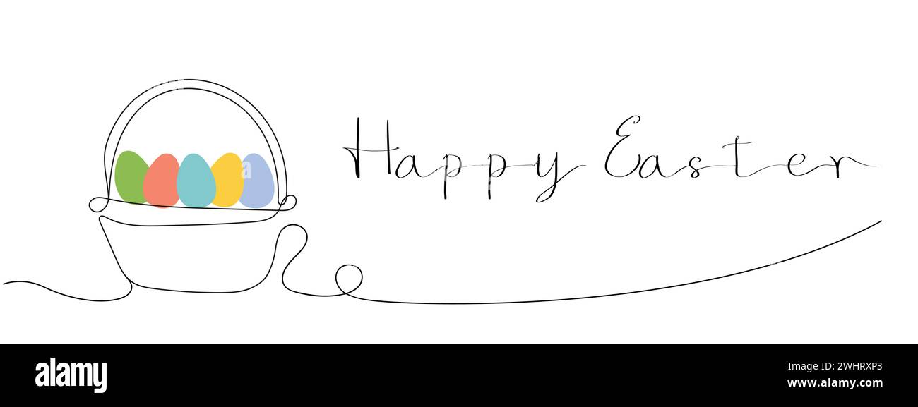 Wicker basket with colorful Easter eggs and Happy Easter greeting ...