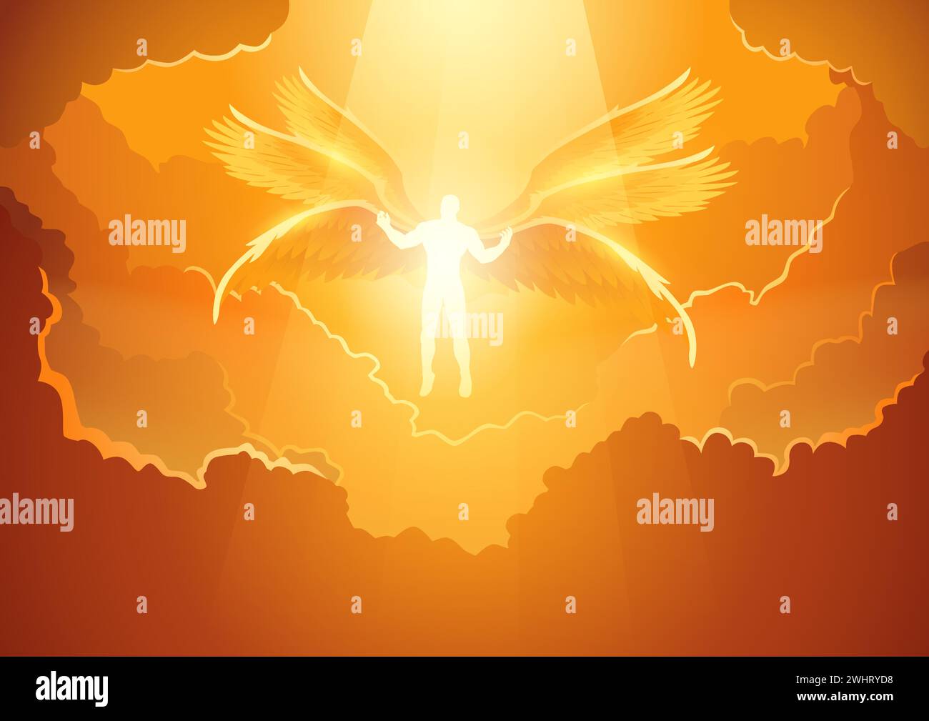 Fantasy art illustration of bright light Archangel with six wings in the open sky, vector illustration Stock Vector