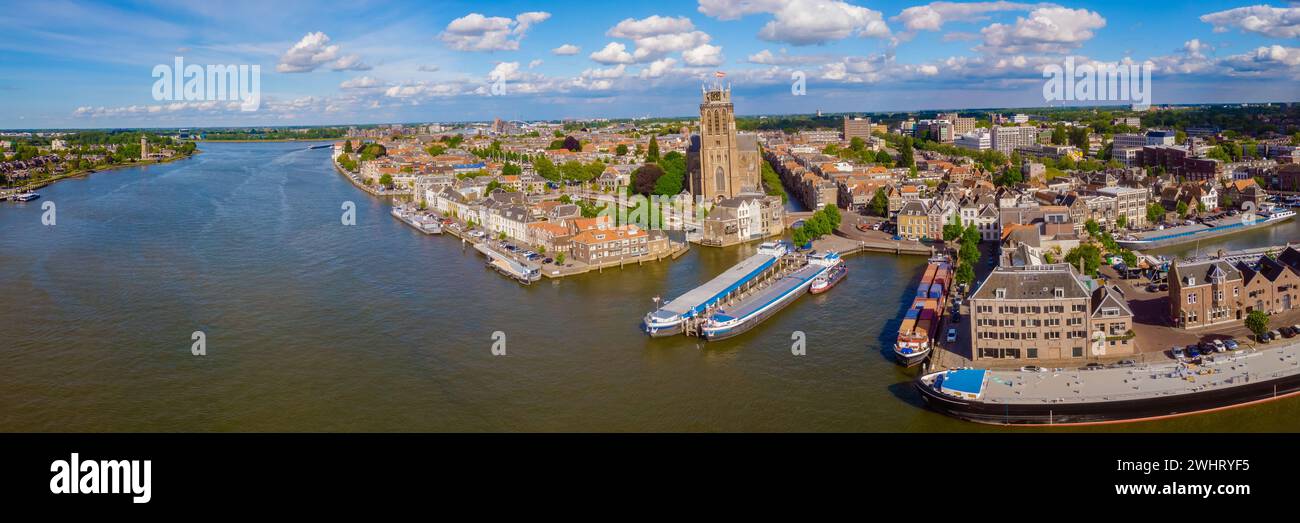 Dordrecht Netherlands, skyline of the old city of Dordrecht with church and canal buildings Stock Photo