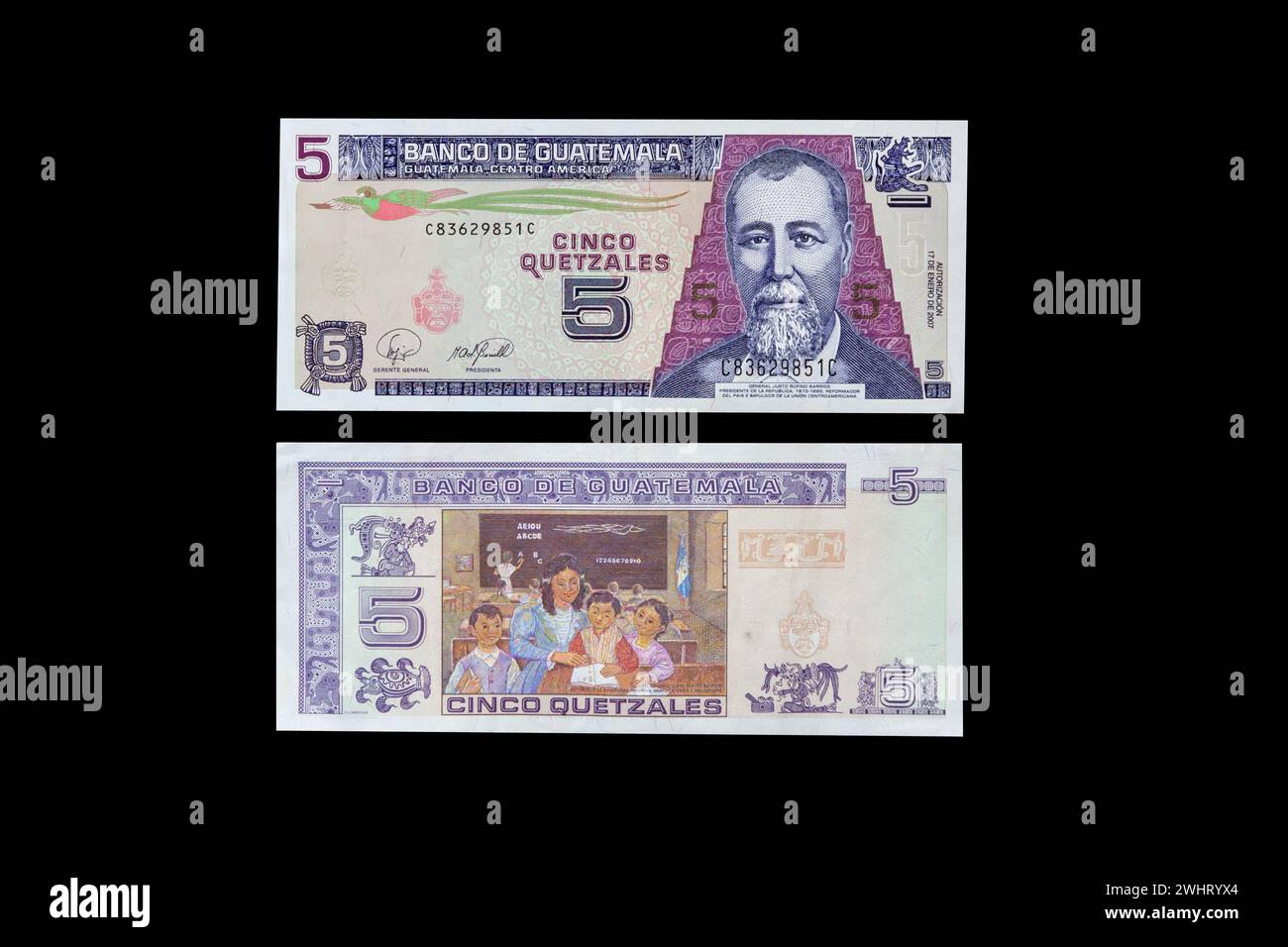 Guatemalan Banknote:  Five Quetzals.  General Justo Rufino Barrios, President of Guatemala 1873-85.  School children in classroom on reverse. Stock Photo