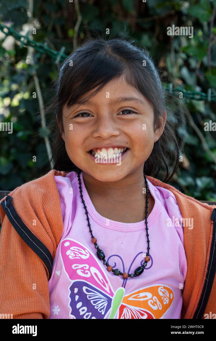 Antigua, Guatemala.  Seven-year-old Guatemalan Girl of the Kaqchikel (Kachiquel) Ethnic Group, a Maya Group. Stock Photo