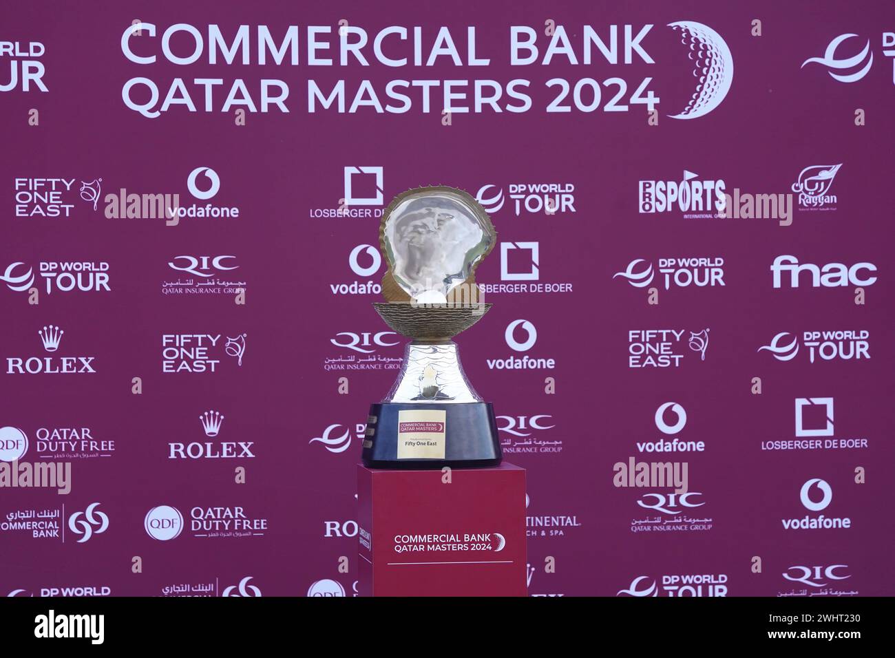 Commercial Bank Qatar Masters trophy on display during the prize