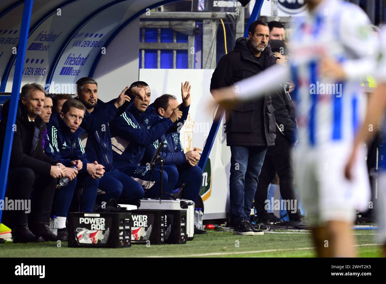 HEERENVEEN - Ajax coach John van't Schip (r) during the Dutch Eredivisie match between sc Heerenveen and Ajax at the Abe Lenstra Stadium on February 11, 2024 in Heerenveen, the Netherlands. ANP OLAF KRAAK Stock Photo