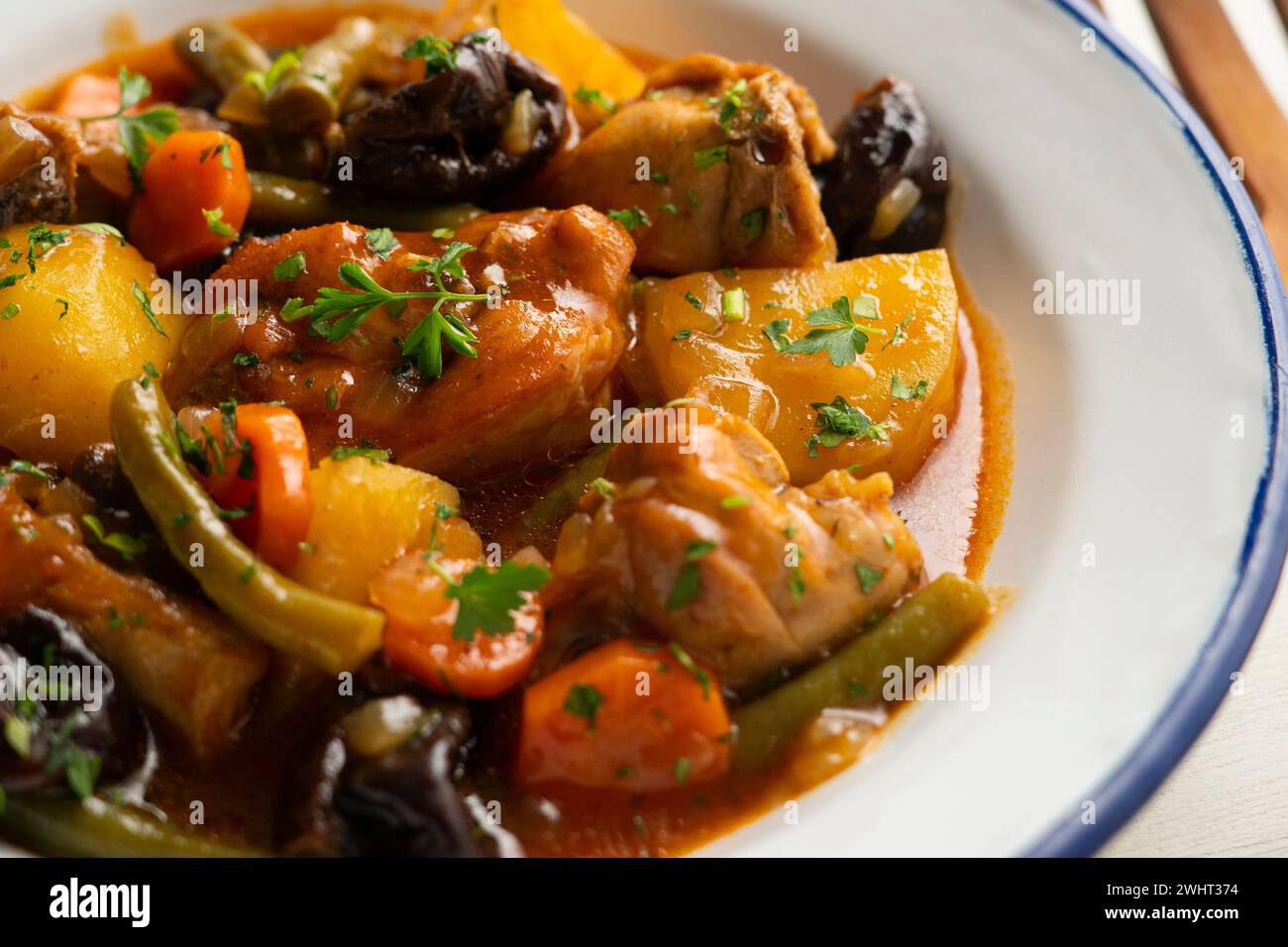 Stewed rabbit with potatoes, green beans, carrots and tomato. Stock Photo