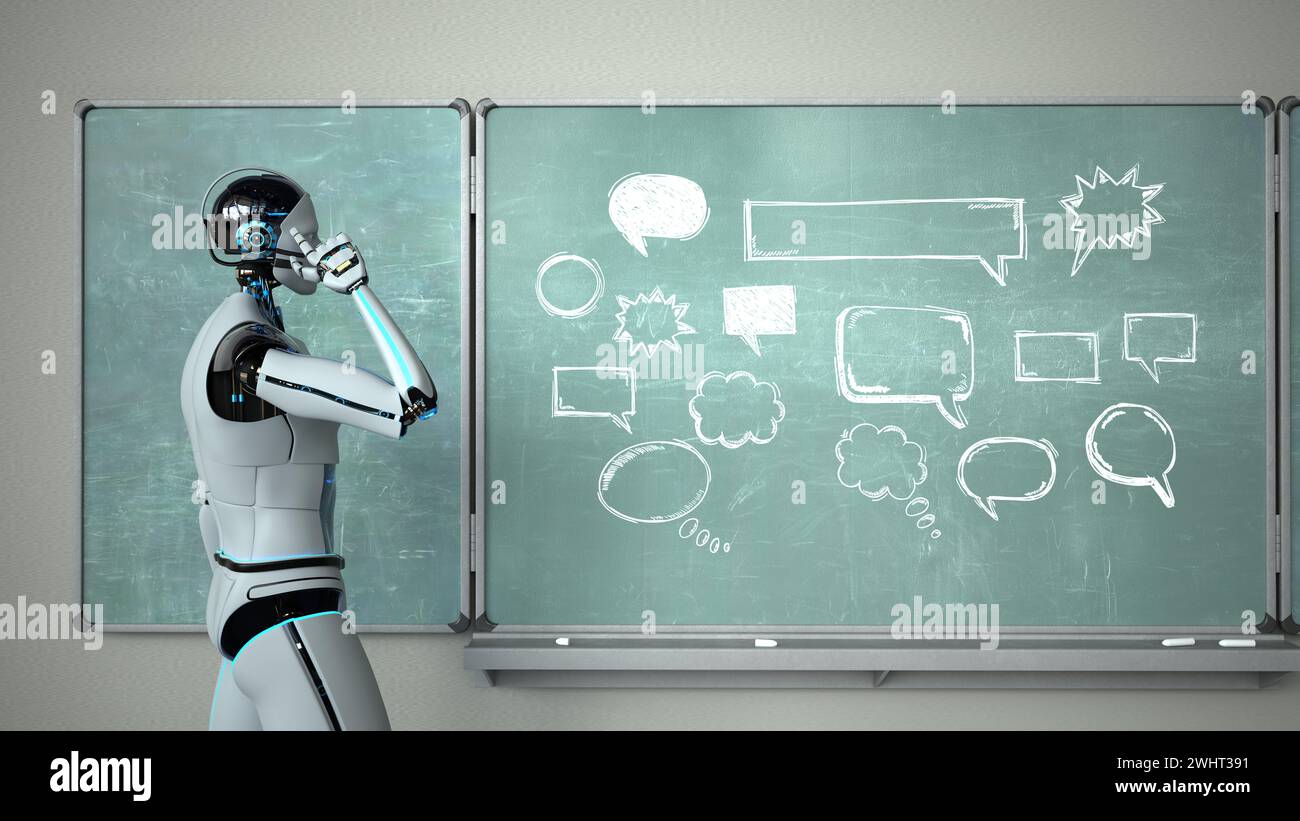 Humanoid Robot Chalkboard Teacher Speech Bubbles Stock Photo