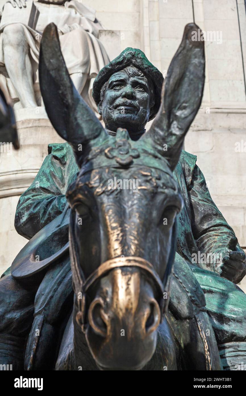 Sancho Panza, on his donkey, the famous statue at Plaza de Espana of Madrid, Spain. He is the servant and companion of Don Quijote de la Mancha. Stock Photo