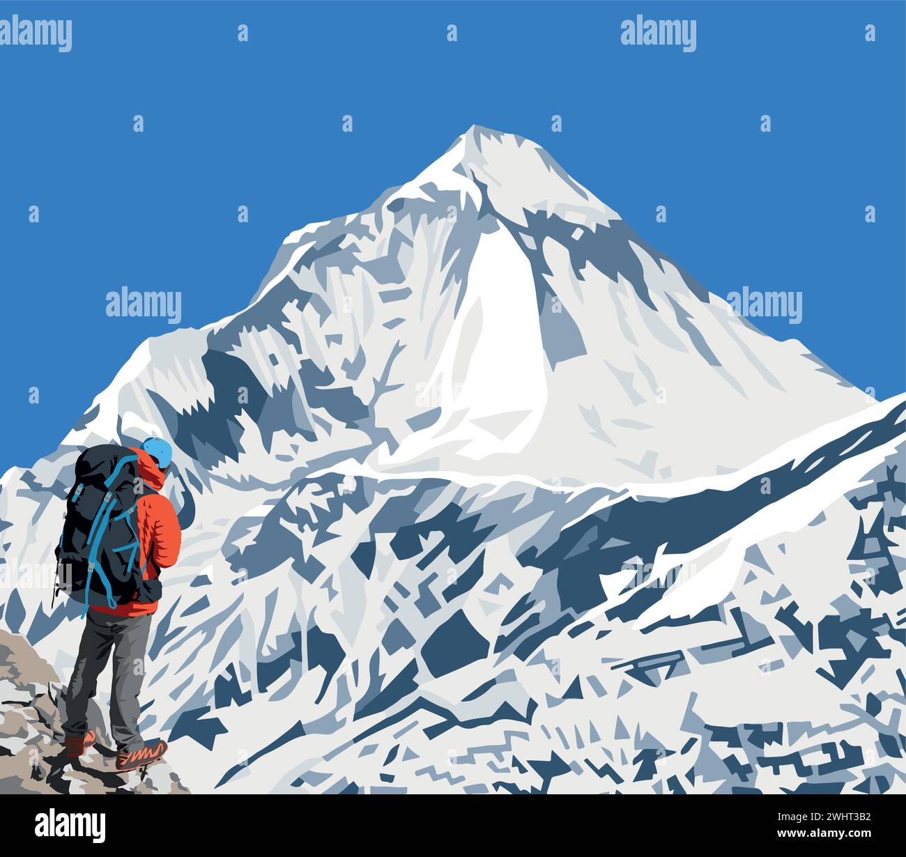 Mount Dhaulagiri peak as seen near Thorung La pass and hiker, Mount Annapurna circuit trekking trail, vector illustration, Nepal Himalayas mountains Stock Vector