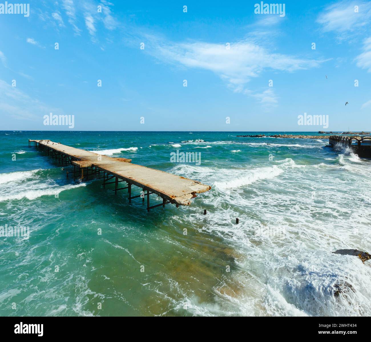 Sea storm and ruined pier (Bulgaria). Stock Photo