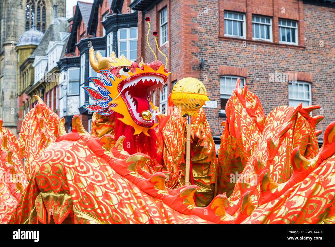 Close up of the beautifully decorated dragon performing its traditional Chinese New Year dragon dance in Liverpool seen on 11 February 2024. Stock Photo