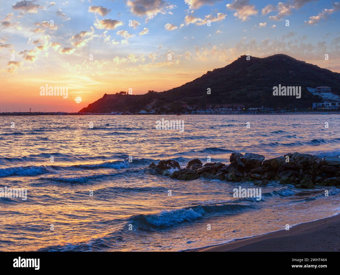 Sunrise on beach (Alykes, Zakynthos, Greece) Stock Photo