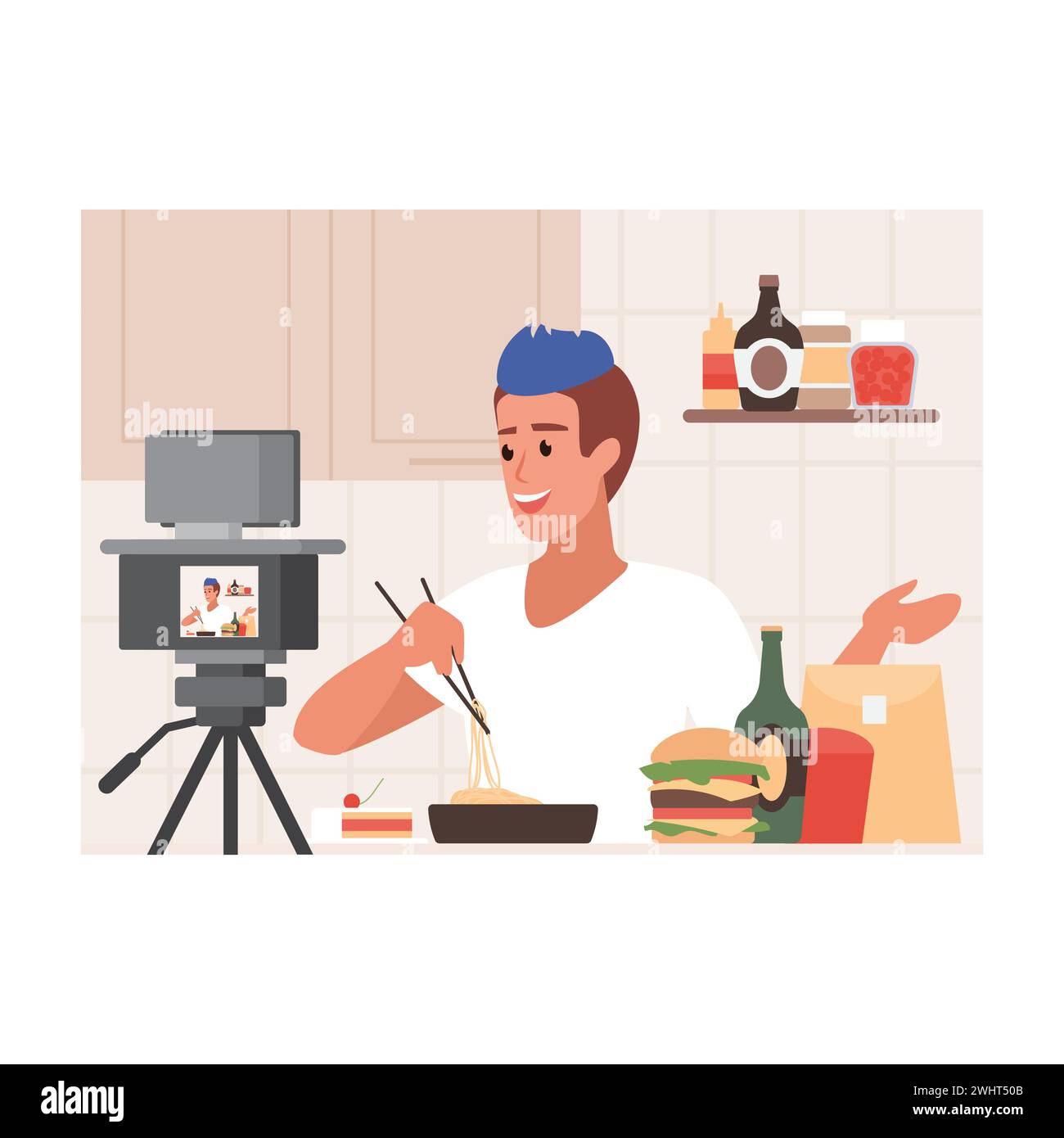 Food blogger creating video for blog or vlog review, man eating fastfood vector illustration Stock Vector