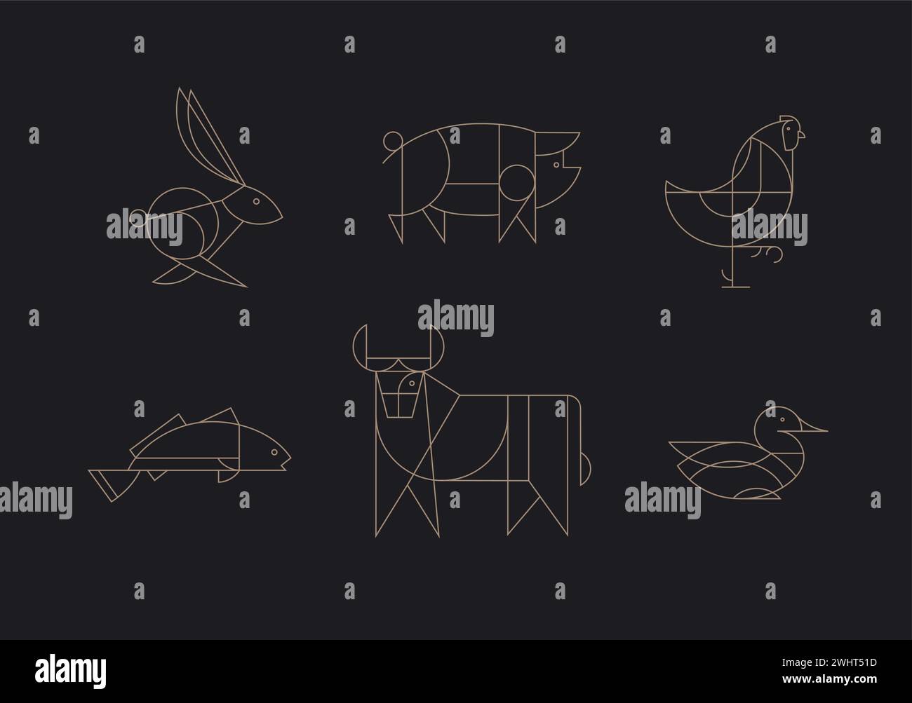 Animals rabbit, pig, chicken, fish, cow, duck drawing in art deco ...