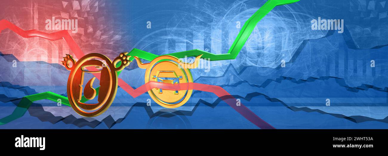 fossil fuel and car price dependency. 3d illustration of crude oil and vehicle symbols as a coins on a blue background. demonstration of bullish and b Stock Photo
