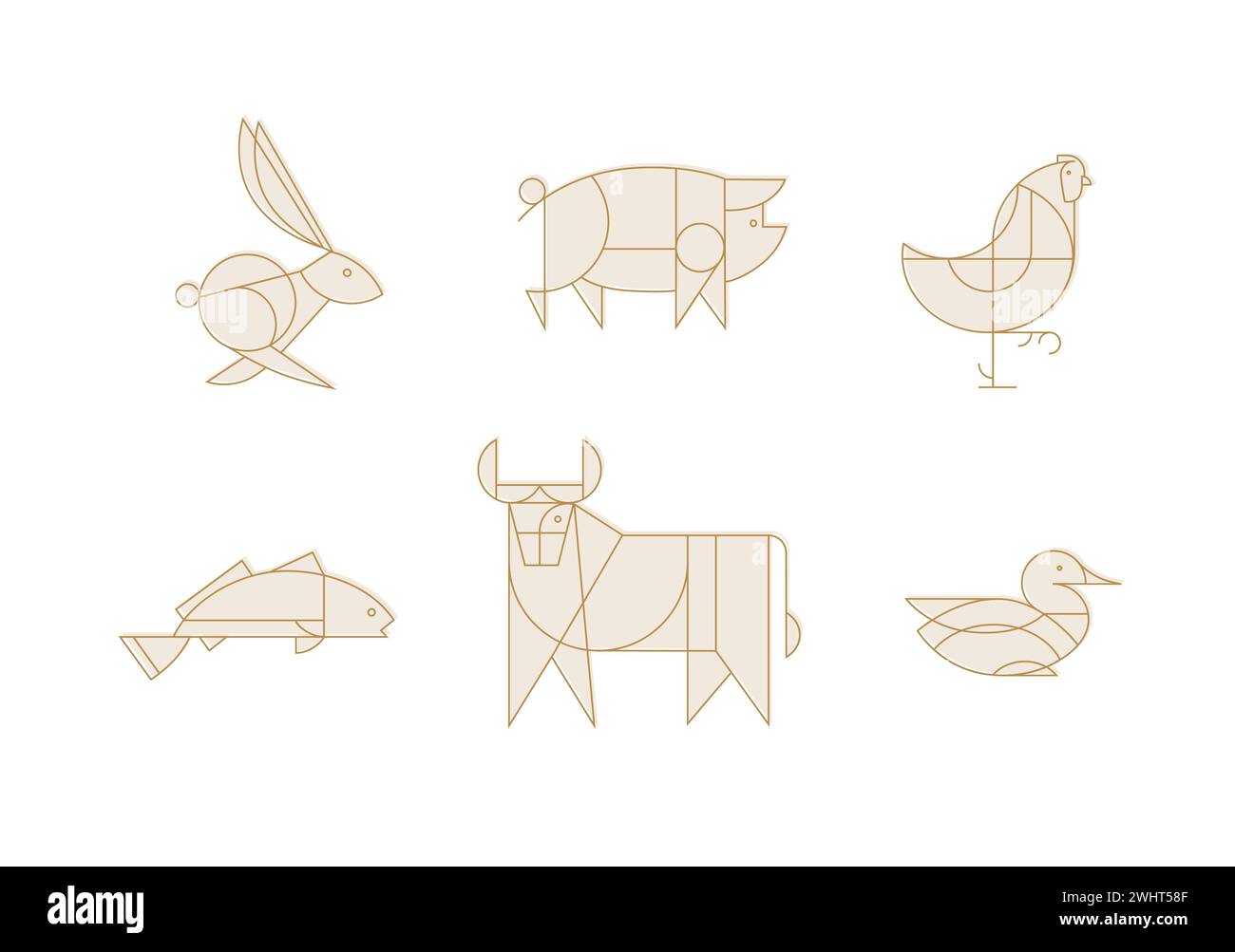 Animals rabbit, pig, chicken, fish, cow, duck drawing in art deco ...