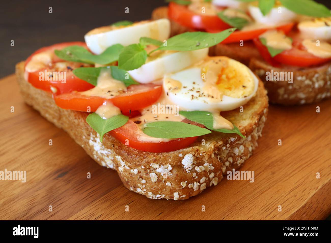 Closeup of Multi Grains Toast Open Faced Sandwich Topped with Hard