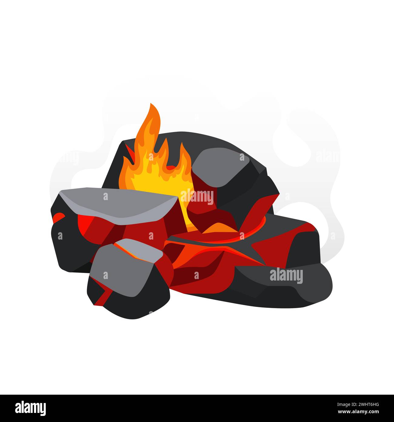 Burning coal pile, charcoal embers burn with hot fire and smoke vector ...