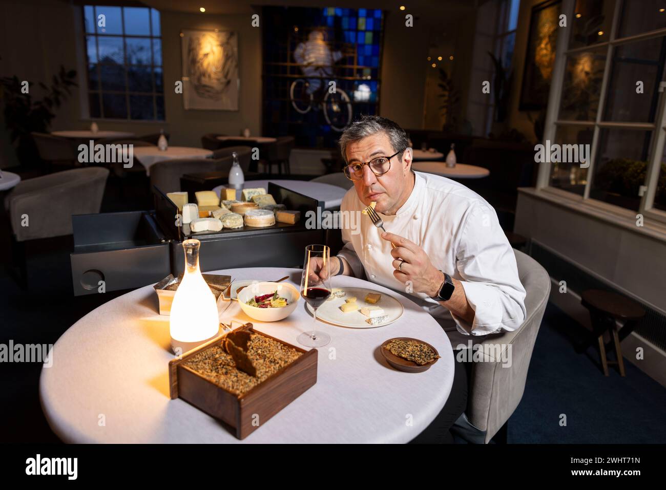 Portraits of Claude Bosi with the cheese trolly and cheeseboard at Bibendum Restuarant, Michelin House, South Kensington, London, UK Stock Photo