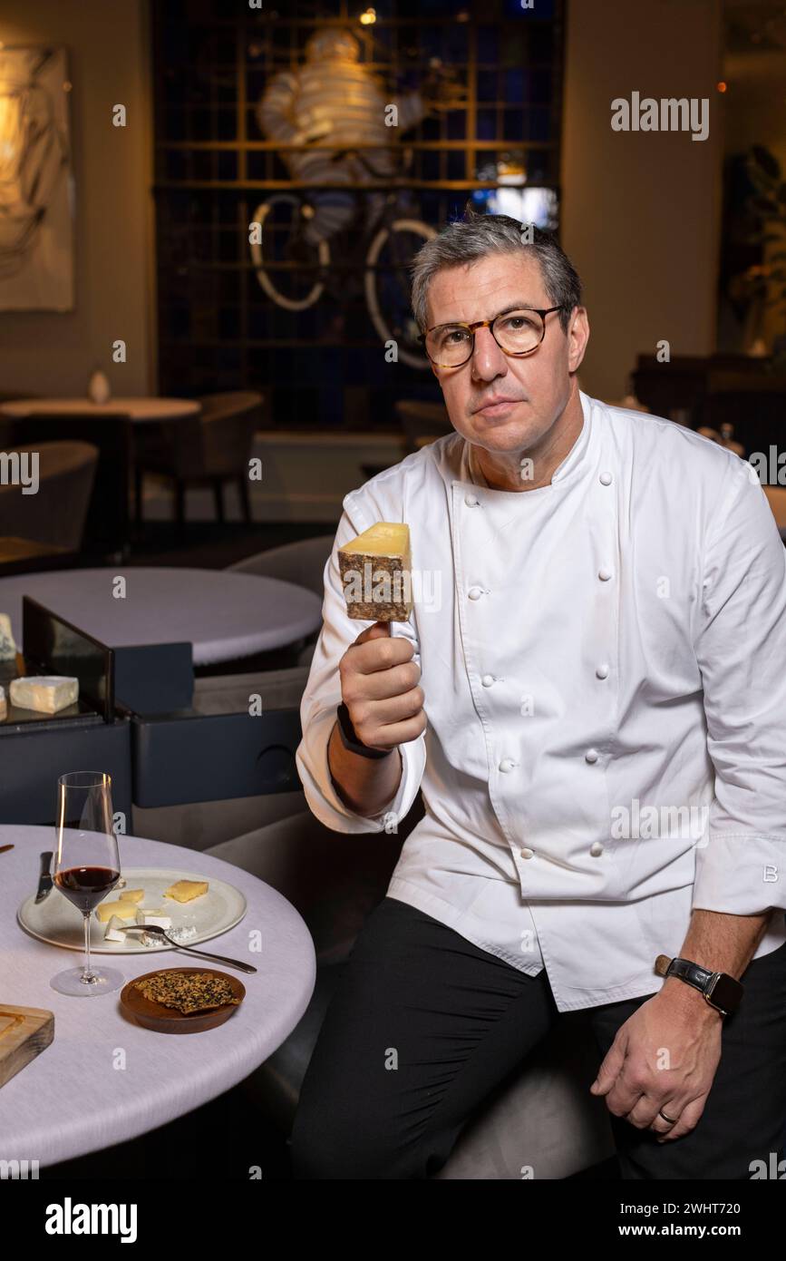 Portraits of Claude Bosi with the cheese trolly and cheeseboard at Bibendum Restuarant, Michelin House, South Kensington, London, UK Stock Photo