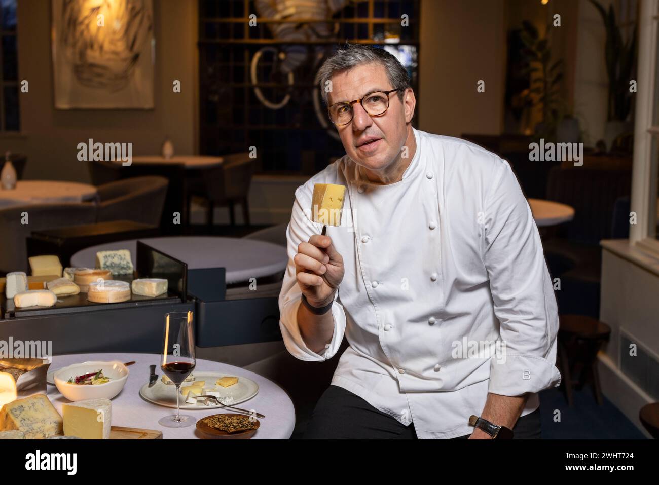 Portraits of Claude Bosi with the cheese trolly and cheeseboard at Bibendum Restuarant, Michelin House, South Kensington, London, UK Stock Photo